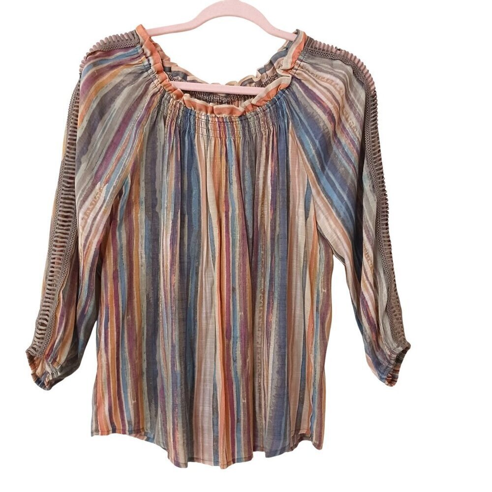 Multicolor Striped Blouse Crochet Trim Size Medium Boho Bohemian Artsy - Picture 2 of 11